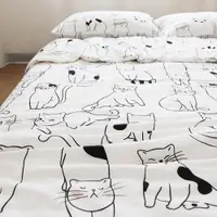 在飛比找ETMall東森購物網優惠-喵喵喵!手繪貓咪卡通可愛全棉斜紋床單被套單件純棉被罩白色干凈