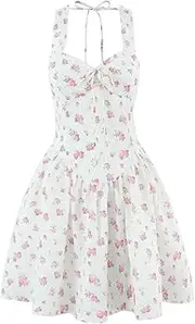 [Generic] Women's V-Neck Lace-Up Printed Backless Holiday Low-Waist A-Line Sleeveless Dress