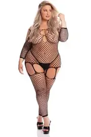 Pink Lipstick In My Head Net Bodystocking - Queen Size - Black