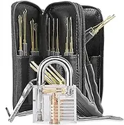 Lock Picking Kit Tools with Transparent Practice Training Padlock Lock, Broken Key Extraction Tool, 24 Pcs