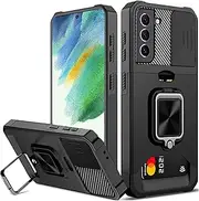 for Samsung S21 FE Case with Card Holder, rojarou Samsung Galaxy S21 FE Case with Slide Camera Cover and 360° Rotate Ring Kickstand Heavy Duty Protective Phone Case for S21 FE 5G -Black