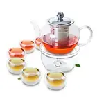 Tea Set- Heat-Resisting Glass Teapot&Stainless Steel Infuser+6*Cups+Warmer