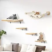 Cat Climbing Wall Set with Cat Tree Hammock, Cat Stairs Wall, Solid Wood Cat Wall Furniture Set, 5-Piece Cat Wall Elements for Catwalk