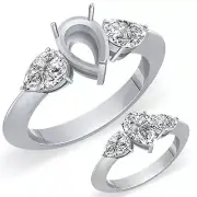 0.90 Ct Pear Three Stone Diamond Setting Engagement Ring 14k White Gold G VS2