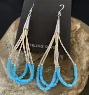 Native Liquid Silver Heishi Dangle Blue Turquoise Sterling Earrings 2" 13049