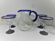 Pier1 Imports Hand Blown Mexican Glass Pitcher Cobalt Blue and Margarita Glasses