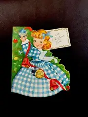 VTG Unused Xmas Greeting Die Cut Card Pretty Young Lady Decorating Her Tree