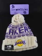 LAKERS New Era Purple / Beige Knit Pom Beanie Embroidered Patch Woman’s Hat OSFM