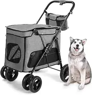 Pet Dog Strollers for Medium Large Dogs, Pet Cat Stroller Carriage Elderly Dog Pram Pushchair with Bag, 4 Wheels Large Pet Dog Stroller Travel Carrier for Cat, Dog and More(Gray a)