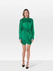 Green Silk Long Sleeve Shirt Mini Dress