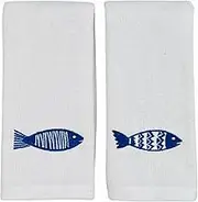 Serafina Home Summer Soft Absorbent Bathroom Coastal Guest Embroidered Fingertip Towels: Sealife Blue Fish Design, 2 Piece 12" x 18" Inches