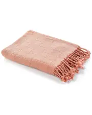 LR Home Coral Pink Solid Checkered Weave Throw Blanket With Fringe