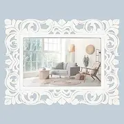 Decorative Hand Carved Rectangle Wall Mirror with Wood Frame, Farmhouse Rustic Vintage Country Mirror for Bathroom, Bedroom, Living Room, Restroom Decoration - 18x24 Inch - White Antique