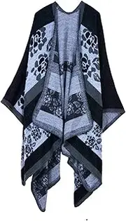 [Dawwoti] Women's Knitted Poncho Shawl,Knit Shawl Wrap with Fringed Sides, Poncho Cardigan Cape