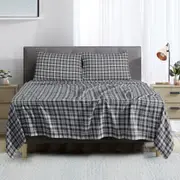 100% Cotton Flannel Sheet and Pillowcase Set Cozy and Warm Bedding Sheet Set - Grey Plaid