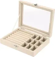 sourcing map Velvet Ring Jewelry Box Organizer, 7 Slots Jewelry Display Case with Glass Lid Jewelry Earrings Necklace Rings Organizer Tray with 9 Grid for Wife and Women (Beige)
