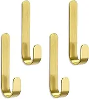 Zorfeter 4 Pcs Brushed Brass L-Shaped Towel Hooks, Self-Adhesive Holders Robe Coat Hat Wall Hooks for Kitchen Bathroom Bedroom Decorative, Small