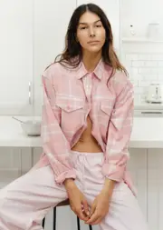 [Lorna Jane] Weekend Away Flannel Shirt in Print, Size - Large L Pink Check