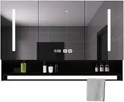 Towel Bar Storage Mirror Cabinet, Bathroom Smart Mirror Cabinet, Large Anti-fog Bathroom Wall Cabinet with Storage Shelves/Dual Touch/Anti-fog/Time Temperature Display,Suitable for bathroom(Black,90cm