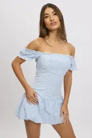 Blue Check Bubble Dress Off The Shoulder - Size 16XL, Women's Skater Dress