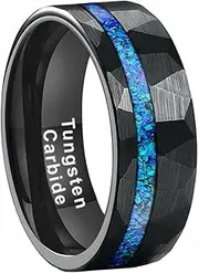 [LUXUBANDS] 8mm Hammered Tungsten Rings for Men Women Engagement Wedding Bands Genuine Blue Opal Inlay Matte Finish Comfort Fit