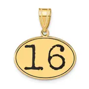 14k Yellow Gold Polished Number 16 Black Enamel Oval Pendant