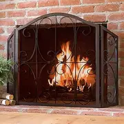Fireplace Screen Guard, 3 Panel Black Fire Screen for Open Fire/Gas Fires/Log Wood Burner, Red Copper Fireplace Screen Safe Proof, Wrought Iron Frame