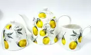 NEW GRACE 3 PC SET WHITE,YELLOW LEMON PRINT COFFEE,TEA POT,CREAMER,SUGAR HOLDER