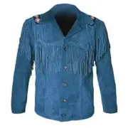 Men's Western Style Cowboy Suede Leather Jacket Native American Fringe & Beaded