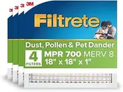 Filtrete 18x18x1 AC Furnace Air Filter, MPR 700, MERV 8, Tough on Pollen, Easy on Airflow, 3-Month Pleated 1-Inch Electrostatic Air Cleaning Filter, 4-Pack (Actual Size 17.81 x 17.81 x 0.81 in)