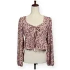 Altar'd State Crop Top Tie Front Long Sleeve Floral Mocha Mauve Pink Small New