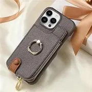HPQWN for iPhone 12Pro Max Leather Zipper Wallet with Card Holder Phone Case Ring Kickstand Cover(for iPhone 12Pro Max/Grey)