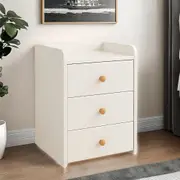 Bedside Table Bedroom Warm White 3 Drawers Natural Wood Knobs Modern Minimalist