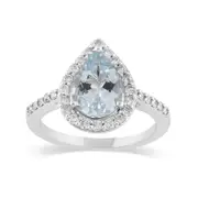 Bevilles Pear Aquamarine Halo Ring with 0.40ct of Diamonds in 9kt White Gold