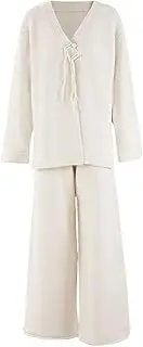 [Generic] Women's Plus Size Button Fringe Sweater Wide Leg Pants Two-Piece Set V-Neck Soft Warm Long Sleeved Sweater Set