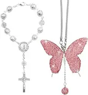 2 Pcs Rear View Mirror Accessories for Women, SENHAI Bling Butterfly Diamond Car Mirror Hanging Accessories and Rosary Beads Catholic Cross Car Decor, Home Decor Valentine's Day Gifts