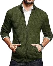 [Generic] Men Full Zip Sweaters Cardigan Full Zip Up Stand Collar Slim Fit Casual Knitted Sweater with 2 Front Pockets