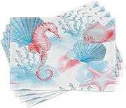 Lunarable Nautical Place Mats Set of 8, Shells Sea Horse Corals Fish Sandy Beach Exotic Watercolor Effect, Washable Fabric Placemats for Dining Table, Placemat 8 pcs, White Coral
