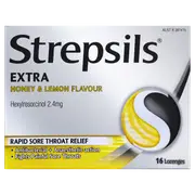 Strepsils Extra Honey & Lemon Fast Numbing Sore Throat Pain Relief with Anaesthetic Lozenges 16pk