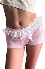 [Best Rose] Pink Bow Shorts Lace Trim Elastic High Waist Bodycon Stretchy Wrap Summer Cute Sexy Streetwear Shorts