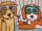 Goldendoodles at Mardi Gras Original Pastel Painting 9x12 Dog Art by KSams