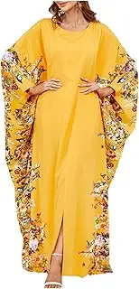 [AZIDWERYQ] Kaftan Dresses for Women, V Neck Batwing Sleeve Kaftan Dress Yellow Floral Dubai Muslim Robe One Size Long Pakistani Eid Ramadan Wedding Dresses Dress