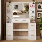 7 Drawers Makeup Vanity Desk Large Mirror and 11 LED Lights White Vanity Dresser