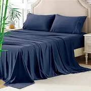 Hotel Bamboo Cooling Sheet Set 4 Pieces-Ultra Soft 2000TC Breathable Bed Sheets Set with 37 Centimetre Deep Pocket-Cooling Sheets for Hot Sleepers,Navy,Super King Size