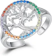 [KINGWHYTE] Tree of Life Rings for Women 925 Sterling Silver Family Tree Adjustable Rings Jewellery Gifts for Mother Boyfriend Girlfriend Girls