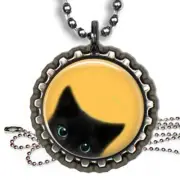 Peeking Black Cat Bottle Cap Necklace Chain Handcrafted Kids & Adult Jewelry