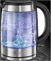 Russell Hobbs Illuminating 1.7L Electric Cordless Glass Kettle with black/brushed stainless steel accents (Fast Boil 3KW, Washable anti-scale filter, Button to open lid, Perfect pour spout) 21600-10