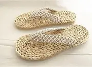 [Shot Case] Sandals for Women, Ladies Flip Flops Fashion Thong Sandals Straw Woven Slippers for Beach/Indoor Outdoor,Grass Color,US10/EU42