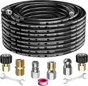 POHIR Sewer Jetter Kit for Pressure Washer 35 ft, Hydro Drain Jetter Cleaner Hose with 1/4 Female NPT, Button Nose, Rotating Sewer Jet Nozzle and Pressure Washer Adapter, 4000 PSI Drain Cleaner Hose