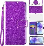 [Asuwish] Mobile Phone Case for Samsung Galaxy A55 5G Case with Strap Film Protective Film Card Slot Foldable Glitter Leather Wallet Stand A 55 55A A555G Mobile Phone Cases Protective Mobile Phone Case